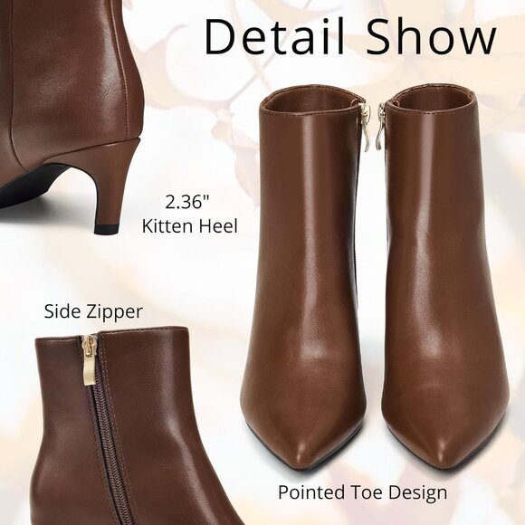 Women's Matte Brown Pointed Toe Ankle Boots Side Zipper Low Kitten Heel Booties - Picture 4 of 6